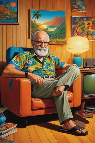 Van Mertens, creator, cartoonist, Johnny Bravo's father, balding, grey hair, thick beard, glasses, Hawaiian shirt, khaki pants, sandals, relaxed pose, sitting on a couch, 70s style interior, wooden pa