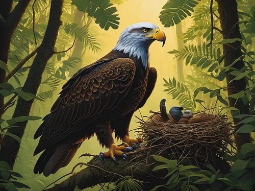 Create a suspenseful story of an eagle protecting its nest from intruders in the dense Mexican jungle.,eagle illustration,african eagle,african fishing eagle,steller's sea eagle,savannah eagle,bald ea