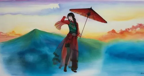 An amazing japanese young woman  with red lips and green eyes,a painting depicting an asian woman in a gown holding a parasol over her shoulder,watercolor women accessory,khokhloma painting,water colo