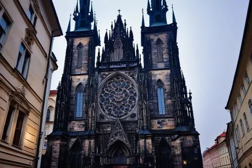 Gothic architecture, Prague, St. Vitus Cathedral, grandiose, intricate stone carvings, stained glass windows, ribbed vaults, pointed arches, flying buttresses, ornate pinnacles, mysterious atmosphere,