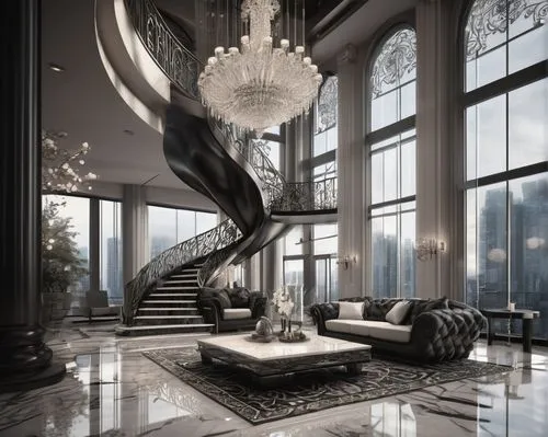 luxury home interior,penthouses,interior modern design,luxury property,art deco,damac,upscale,luxury home,modern decor,opulently,foyer,interior design,contemporary decor,modern living room,opulent,luxury hotel,living room,opulence,interior decoration,baccarat,Illustration,Black and White,Black and White 11