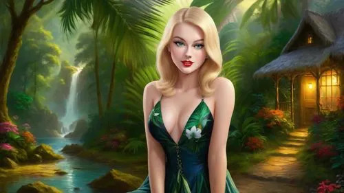 the blonde in the river,fantasy picture,fantasy art,fantasy woman,amazonica,forest background,fairy tale character,mermaid background,world digital painting,garden of eden,fantasy girl,tinkerbell,fantasy portrait,dressup,landscape background,marylyn monroe - female,sorceress,ninfa,faerie,girl on the river