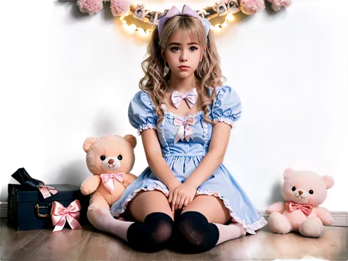 Cute, Kawaii, Pastel colors, Soft focus, Sweet expression, Blushing cheeks, Sparkling eyes, Fluffy hair, Ribbon accessories, Lolita dress, Knee-high socks, Mary Jane shoes, Sitting on floor, Holding s