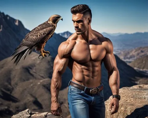 muscular man, hawk forearm tattoo, detailed feathers, sharp talons, bold lines, vibrant colors, sleeveless shirt, rugged jeans, strong jawline, intense gaze, outdoors, mountain range, rocky terrain, c