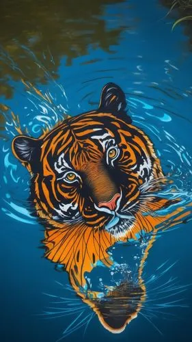 um tigre olhando para a câmera, após beber agua em um rio. Seu reflexo espelhado na agua do rio.,a tiger is submerged in some water,tiger png,tiger,tigers,asian tiger,bengal tiger,hottiger,Conceptual 