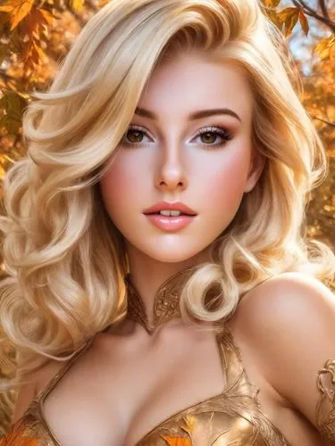 Beautiful blonde lady, Autumnal, Boris Vallejo style, airbrush painting, artistic, futuristic. feminine, voluptuous, pretty,a very pretty blonde lady with big ,autumn background,golden autumn,autumn i