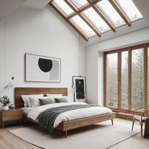 dormer window,modern room,wooden beams,canopy bed,roof lantern,loft,skylight,wooden windows,scandinavian style,wood window,bedroom window,bedroom,attic,danish room,bed frame,snow roof,wooden roof,folding roof,window frames,sleeping room