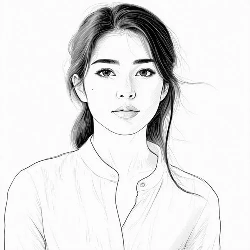 女生，白色衬衫，黑白，线稿，线条艺术,an ink drawing of a woman looking straight ahead,girl portrait,girl drawing,rotoscoped,digital drawing,vector girl,girl on a white background,Design Sketch,Design Sketch,Black and w