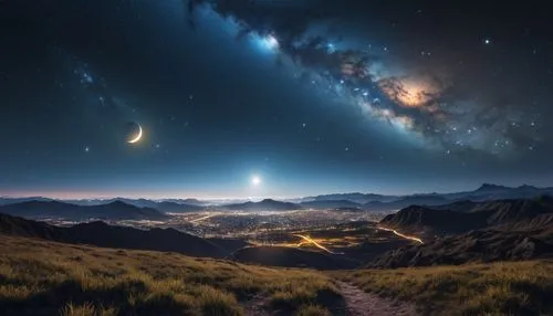 astronomy,the milky way,milky way,alien planet,alien world,astronomical,celestial phenomenon,milkyway,fantasy landscape,space art,valley of the moon,the universe,the mystical path,the night sky,celestial bodies,starry night,northen light,starscape,nightscape,exoplanet,Photography,General,Realistic