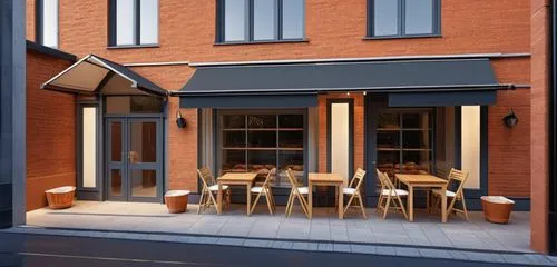 Facade of bakery. Walls color dark, terracotta. Glazing frames dark gray. Above the windows fabric awnings dark gray color. Lights are on in the windows and you can see the bread and baked goods insid