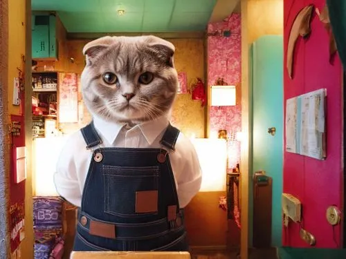 cat's cafe,waiting staff,japanese restaurant,cat coffee,napoleon cat,waiter,bartender,cat warrior,veterinarian,sweater vest,animals play dress-up,suspenders,cat kawaii,cat crawling out of purse,vintag