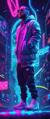 Create a futuristic Mac Miller poster with neon lights.,cyberpunk,80s,80's design,neon ghosts,neon,neon lights,neon light,color rat,cyber,vapor,neon coffee,electric,city pigeon,neon colors,futuristic,