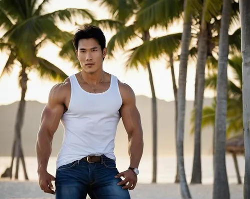 Asian male, muscular physique, defined abs, strong jawline, short black hair, piercing brown eyes, subtle facial hair, sleeveless white shirt, low-rise jeans, bare feet, standing pose, one hand on hip