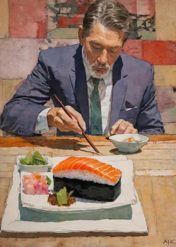 sushi art,salmon,sushi,sushi plate,nigiri,sushi japan,sockeye salmon,santiago calatrava,appetite,fishmonger,italian painter,prosciutto,surströmming,sushi set,salmon fillet,salmon roll,fish-surgeon,connoisseur,self-portrait,ronald reagan,Illustration,Paper based,Paper Based 05