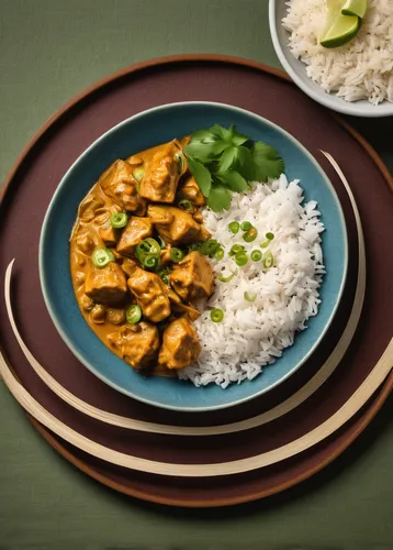 Bowl of Chicken Satay Curry (Malaysian) served over Jasmine Rice,chicken tikka masala,thai curry,red curry,butter chicken,massaman curry,yellow curry,chicken paprikash,chicken marengo,étouffée,moqueca