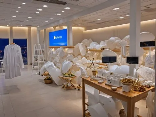 a big room with many pieces of white art,wedding hall,showrooms,white room,kleinfeld,chrysanthemum exhibition,showroom,Photography,General,Realistic