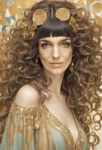 cleopatra,ancient egyptian girl,gold foil mermaid,miss circassian,fantasy portrait,celtic queen,thracian,fantasy woman,golden wreath,priestess,cybele,aphrodite,faun,gypsy hair,fantasy art,dryad,artemisia,gold filigree,mary-gold,the enchantress