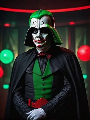 Darth Vader, Joker costume, male, villainous, dark lord, sinister smile, pale skin, green hair, clown makeup, black suit, white gloves, red tie, boots, cape, dramatic lighting, intense close-up, omino