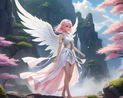 japanese sakura background,angel girl,angel,angel wing,sakura background,angel wings,Conceptual Art,Fantasy,Fantasy 03