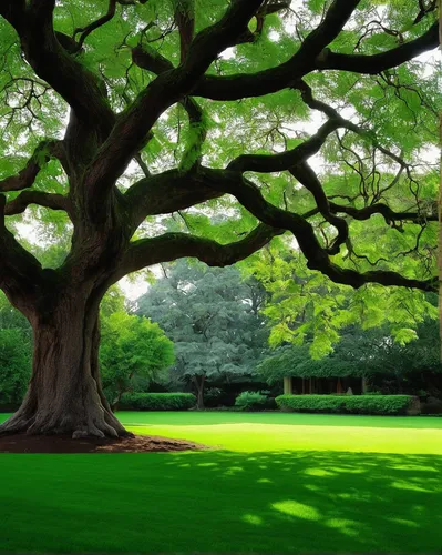 Describe a serene lawn with perfect green grass and an ancient tree.,maple tree,the japanese tree,oak tree,rosewood tree,tree canopy,tree lined,tree grove,green tree,japanese maple,intensely green hor