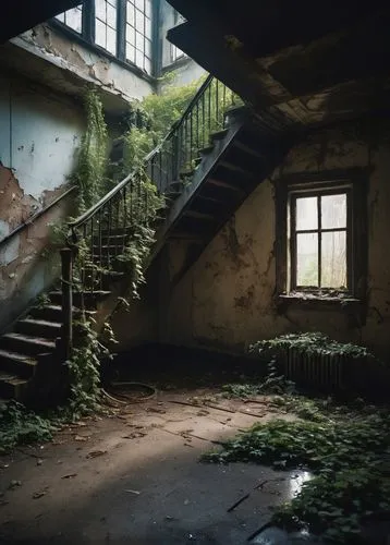 Abandoned building, old, worn-out walls, broken windows, rusty door handles, cracked floors, dimly lit interior, peeling paint, exposed pipes, architectural distortion, asymmetrical composition, low-a