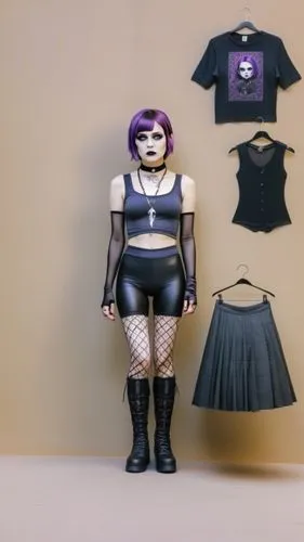 Paper doll 2d cartoon goth purple haired girl in black sleeveless shirt , black spandex shorts, complete full length fishnet and black goth knee Boots, standing surrounded by with a set of goth fashio