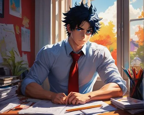 tutor,study,teacher,study room,classroom,student,tutoring,desk,school uniform,school desk,academic,paperwork,scholar,school boy,cg artwork,office ruler,class room,anime boy,detention,writer,Conceptual Art,Oil color,Oil Color 03