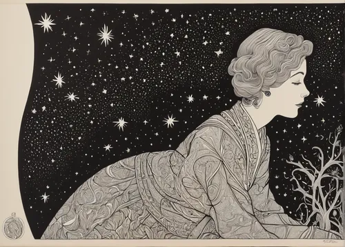 vintage drawing,art deco woman,stargazing,vintage illustration,star illustration,cool woodblock images,kate greenaway,pointillism,queen of the night,mucha,mary pickford - female,star line art,ethel barrymore - female,constellations,astronomer,starry sky,the stars,the snow queen,starry,lady of the night,Illustration,Black and White,Black and White 20