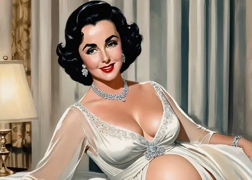 elizabeth taylor,elizabeth taylor-hollywood,jane russell-female,jean simmons-hollywood,joan collins-hollywood,teresa wright,marylyn monroe - female,joan crawford-hollywood,pearl necklace,dita,retro women,a charming woman,model years 1960-63,ann margarett-hollywood,vintage woman,retro pin up girl,pinup girl,hedy lamarr-hollywood,hedy lamarr,pin-up,Illustration,Abstract Fantasy,Abstract Fantasy 23