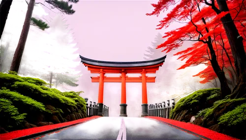 torii,torii tunnel,japanese shrine,japan landscape,shinto,japanese background,senbon torii,kyoto,shinto shrine gates,victory gate,shrines,shrine,hakone,world digital painting,virtual landscape,japanese sakura background,fushimi inari shrine,nitobe,scenic bridge,red place,Conceptual Art,Oil color,Oil Color 08