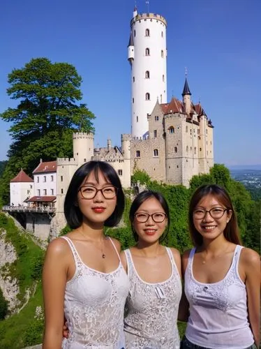 Asian tourist girls in front of Lichtenstein Castle.,three girls in white are posing in front of a castle,bran castle,eurasians,neuschwanstein,krems,slovenians,gorges of the danube,Conceptual Art,Dail