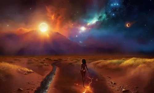 sexy beautiful black woman nude,a woman walking through the desert in front of a rainbow light,pillars of creation,fantasy picture,universo,universe,space art,journeys,Illustration,Realistic Fantasy,R