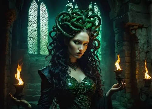 the enchantress,sorceress,fantasy art,celtic queen,dryad,fantasy portrait,priestess,gothic portrait,elven,fantasy picture,fantasy woman,gothic woman,candlemaker,medusa gorgon,dark elf,medusa,faery,gorgon,elven flower,green dragon,Conceptual Art,Graffiti Art,Graffiti Art 05