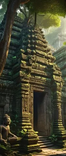 Ancient Khmer architecture, Angkor Wat inspired, intricate carvings, stone walls, majestic temple, grandiose entrance, ornate pillars, detailed bas-reliefs, lush tropical plants, vines crawling up wal