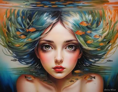 water nymph,mystical portrait of a girl,psychedelic art,girl in a wreath,fantasy portrait,siren,fantasy art,oil painting on canvas,boho art,submerged,water lotus,tiger lily,faery,art painting,dryad,fairy peacock,oil painting,surrealistic,bodypainting,water flower,Illustration,Paper based,Paper Based 04