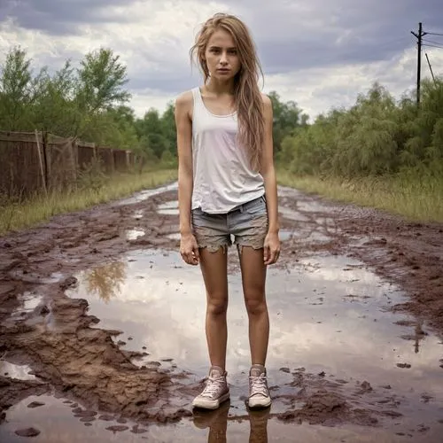 lily-rose melody depp,countrygirl,farm girl,girl in overalls,girl in t-shirt,puddle,blond girl,puddles,mud,girl walking away,girl in a long,girl washes the car,country style,blonde girl,wet girl,photo session in torn clothes,weather-beaten,country dress,portrait photography,rubber boots