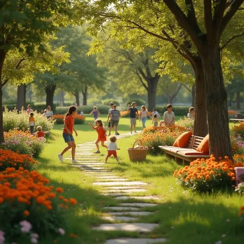 Vibrant park, tangerine color accents, sunny day, warm atmosphere, lush green grass, blooming flowers in vibrant colors, wooden benches with tangerine cushions, winding paths made of natural stone, ch