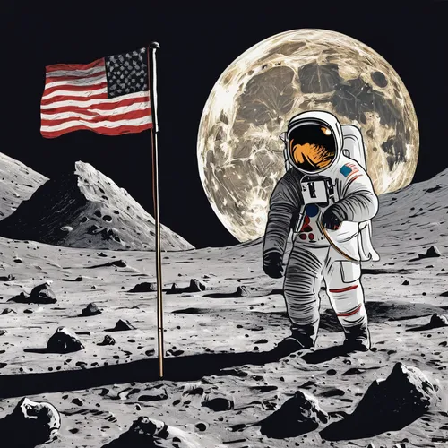 Illustrate an astronaut clipart planting a flag on the moon.,moon landing,buzz aldrin,apollo 11,apollo program,moon rover,i'm off to the moon,apollo 15,nasa,moon walk,flag day (usa),cosmonautics day,s