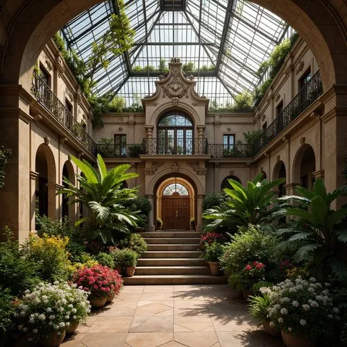 Ornate Baroque greenhouse, lush tropical plants, vibrant blooming flowers, intricately carved wooden doors, ornamental metal gates, grand entrance archways, curved staircases, decorative stone facades