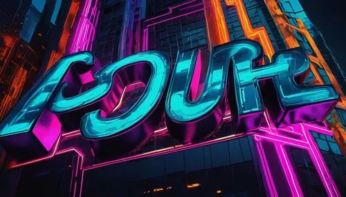 3D graphic letters, futuristic font style, metallic material, reflective surface, neon lights, urban cityscape at night, skyscraper background, colorful LED signs, bold font, cursive script, graffiti-