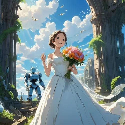 studio ghibli,the bride's bouquet,sun bride,bridal,bride,silver wedding,holding flowers,forget-me-not,wedding ceremony,walking down the aisle,bride and groom,the ceremony,bouquet,wedding photo,everlasting flowers,wedding dress,flower girl,groom bride,mother of the bride,bridesmaid,Illustration,Japanese style,Japanese Style 19