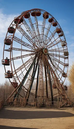 You snoop around an abandoned amusement park, feeling a chilling presence.,high wheel,big wheel,wagon wheel,wagon wheels,rim of wheel,wheel,stagecoach,ferris wheel,iron wheels,fairground,hamster wheel