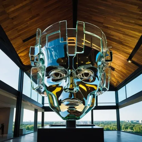 diving helmet,hanging mask,gutenstein,hirst,steel sculpture,gold mask,Unique,3D,Modern Sculpture