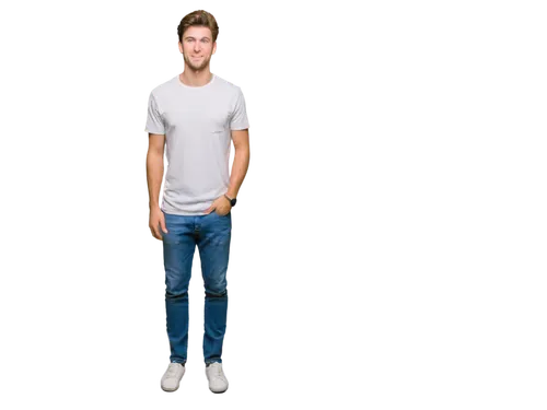 Caucasian male, young adult, casual wear, white T-shirt, denim jeans, sneakers, relaxed posture, hands in pockets, slight smile, bright eyes, soft facial features, natural makeup, messy brown hair, af