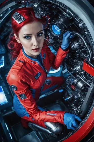 brakewoman,aviatrix,mechanic,cockpits,car mechanic,superheroine,red motor,madelyne,red super hero,superfortress,harley,retro woman,super heroine,automobile racer,cockpit,femforce,race car driver,red arrow,piloto,fantasy woman,Conceptual Art,Sci-Fi,Sci-Fi 03