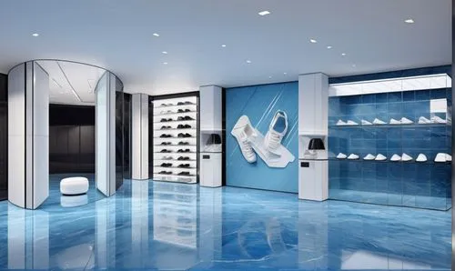 Sneakers store design. The floor is a bright glossy marble tile.,walk-in closet,vending machines,vitrine,cosmetics counter,pantry,search interior solutions,computer store,assay office,jewelry store,lu