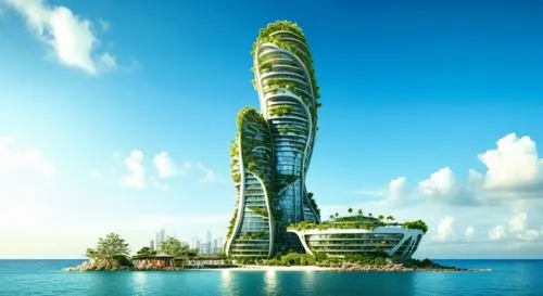 Architectural design concept for an eco-friendly oval shape skyscraper by the seashore, inspired by nature and incorporating greenery on every floor. The exterior features organic shapes with flowing 