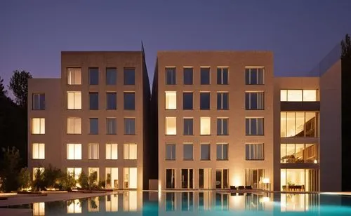 glass bricks concrete landscape garden trees pool people street summer sunlight spotlight night view,mahdavi,eisenman,modern architecture,apartments,kifissia,apartment building,architectes,appartment 