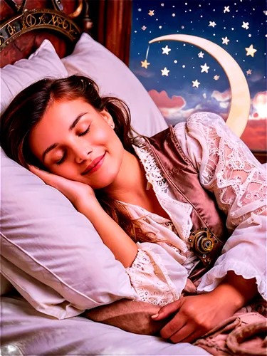 Good night scene, starry sky, crescent moon, soft glowing clouds, dreamy atmosphere, cozy bed, white pillows, warm blankets, sleeping girl, sweet smile, closed eyes, gentle lighting, shallow depth of 