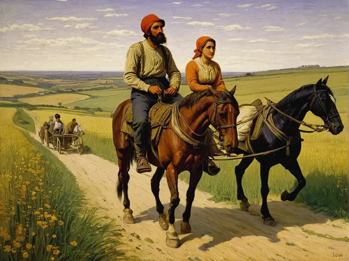 Returning From The Fields painting - Jules Breton Returning From The Fields Art Print,pilgrims,millet,man and horses,haymaking,nomadic people,east-european shepherd,farmers,hunting scene,horse herder,